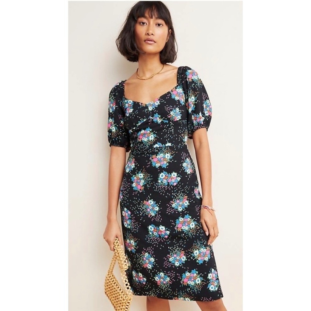 Anthropologie Floral Puff Sleeve Midi Dress Black Cottagecore Smocked NWT Size 4